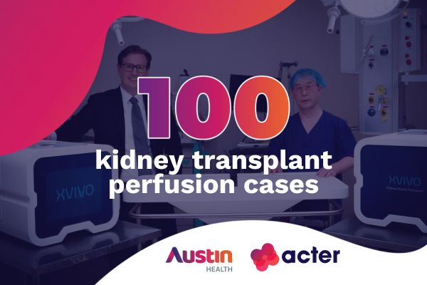 Associate Professor John Whitlam, Director of ACTER with Bulang He, Director of Renal Surgery and Transplant, celebrating 100 kidney transplant perfusion cases at Austin Health